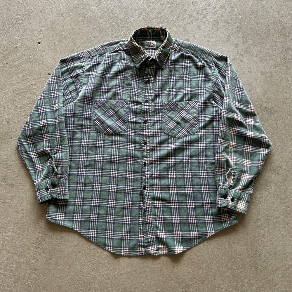 Vintage 90s Basic Editions Flannel Shirt Size Large Green Plaid Cotton Button Up